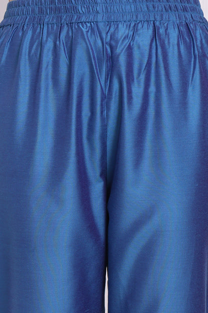 Blue Floral Printed Organza Flared Kurta, Pants and Dupatta Set