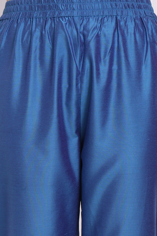 Blue Floral Printed Organza Flared Kurta, Pants and Dupatta Set