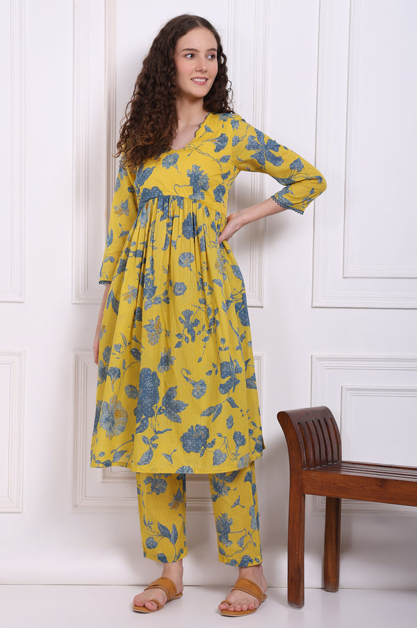 Yellow Bold Floral Printed Pure Cotton Flared Kurta and Pants Co-ord Set