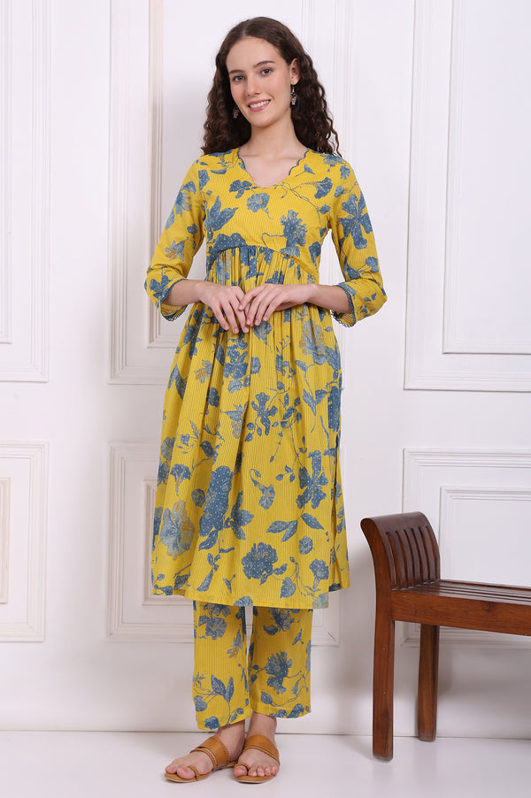 Yellow Bold Floral Printed Pure Cotton Flared Kurta and Pants Co-ord Set