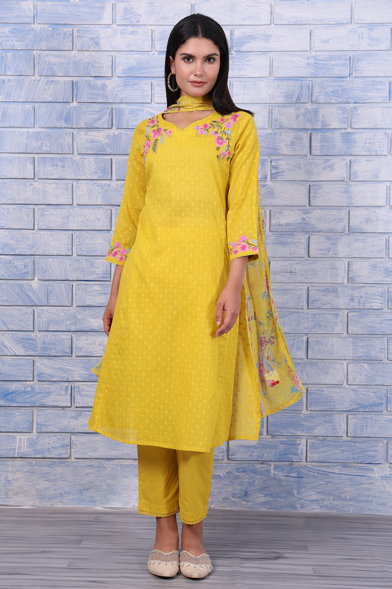 Yellow Polka Printed Thread Embroidered Cotton Dot Texture A-Line Kurta, Straight Pant And Dupatta Set
