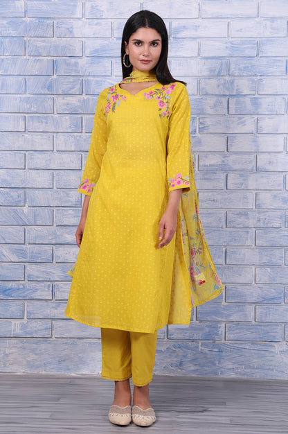 Yellow Polka Printed Thread Embroidered Cotton Dot Texture A-Line Kurta, Straight Pant And Dupatta Set