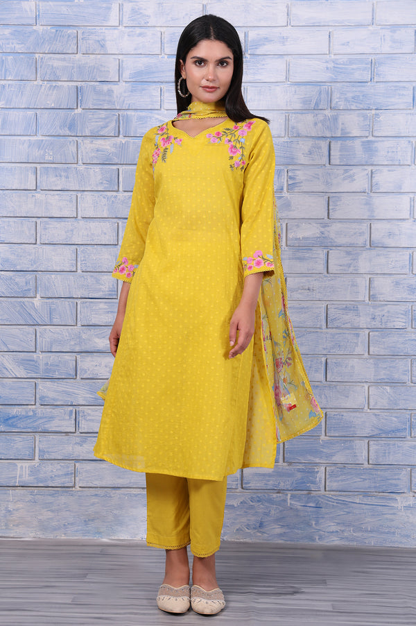 Yellow Polka Printed Thread Embroidered Cotton Dot Texture A-Line Kurta, Straight Pant And Dupatta Set