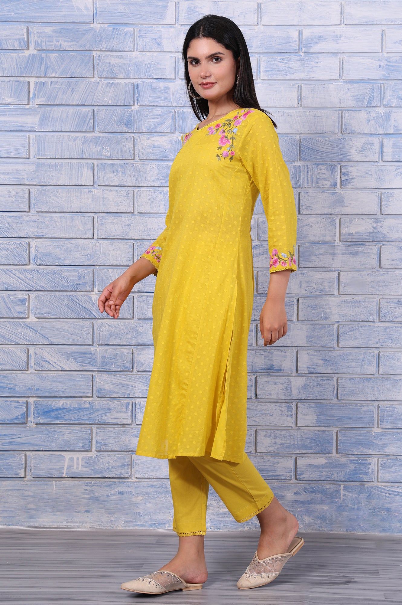 Yellow Polka Printed Thread Embroidered Cotton Dot Texture A-Line Kurta, Straight Pant And Dupatta Set