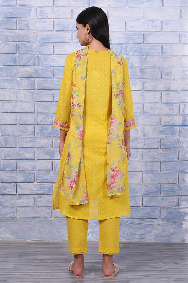 Yellow Polka Printed Thread Embroidered Cotton Dot Texture A-Line Kurta, Straight Pant And Dupatta Set