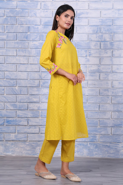 Yellow Polka Printed Thread Embroidered Cotton Dot Texture A-Line Kurta, Straight Pant And Dupatta Set