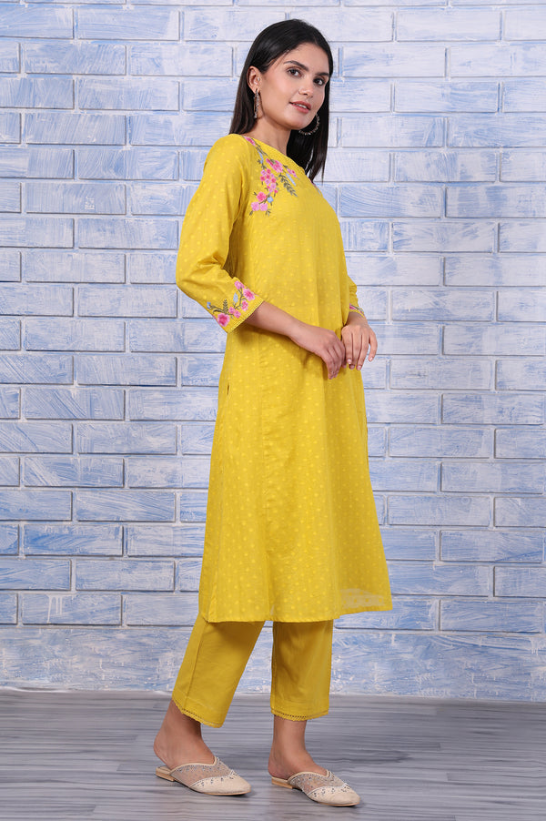 Yellow Polka Printed Thread Embroidered Cotton Dot Texture A-Line Kurta, Straight Pant And Dupatta Set