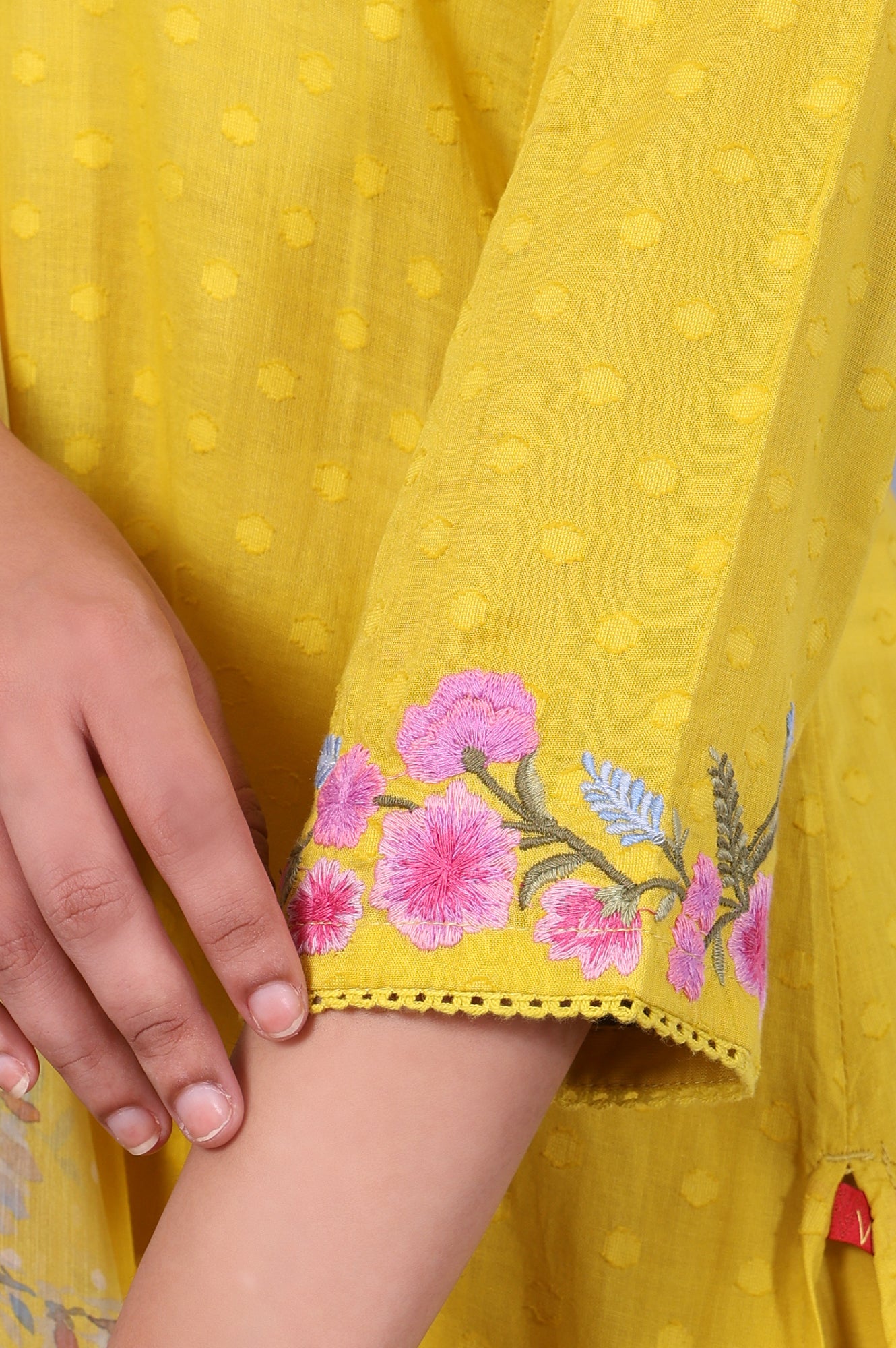 Yellow Polka Printed Thread Embroidered Cotton Dot Texture A-Line Kurta, Straight Pant And Dupatta Set