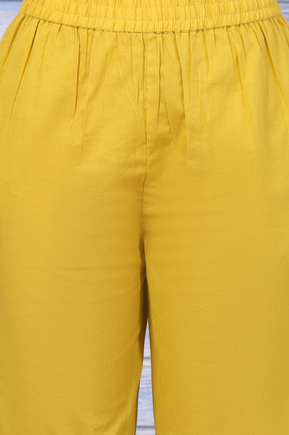 Yellow Polka Printed Thread Embroidered Cotton Dot Texture A-Line Kurta, Straight Pant And Dupatta Set