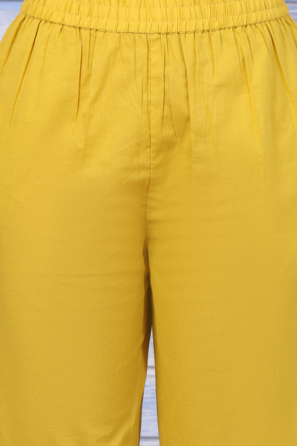 Yellow Polka Printed Thread Embroidered Cotton Dot Texture A-Line Kurta, Straight Pant And Dupatta Set