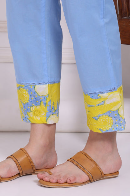 Blue Bold Floral Printed Pure Cotton Flared Kurta, Straight Pants and Dupatta Set