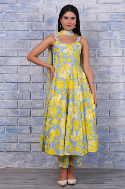 Blue Floral Printed Lace Pure Cotton Flared Kurta, Straight Pant And Dupatta Set
