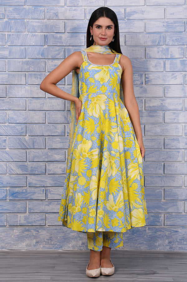 Blue Floral Printed Lace Pure Cotton Flared Kurta, Straight Pant And Dupatta Set