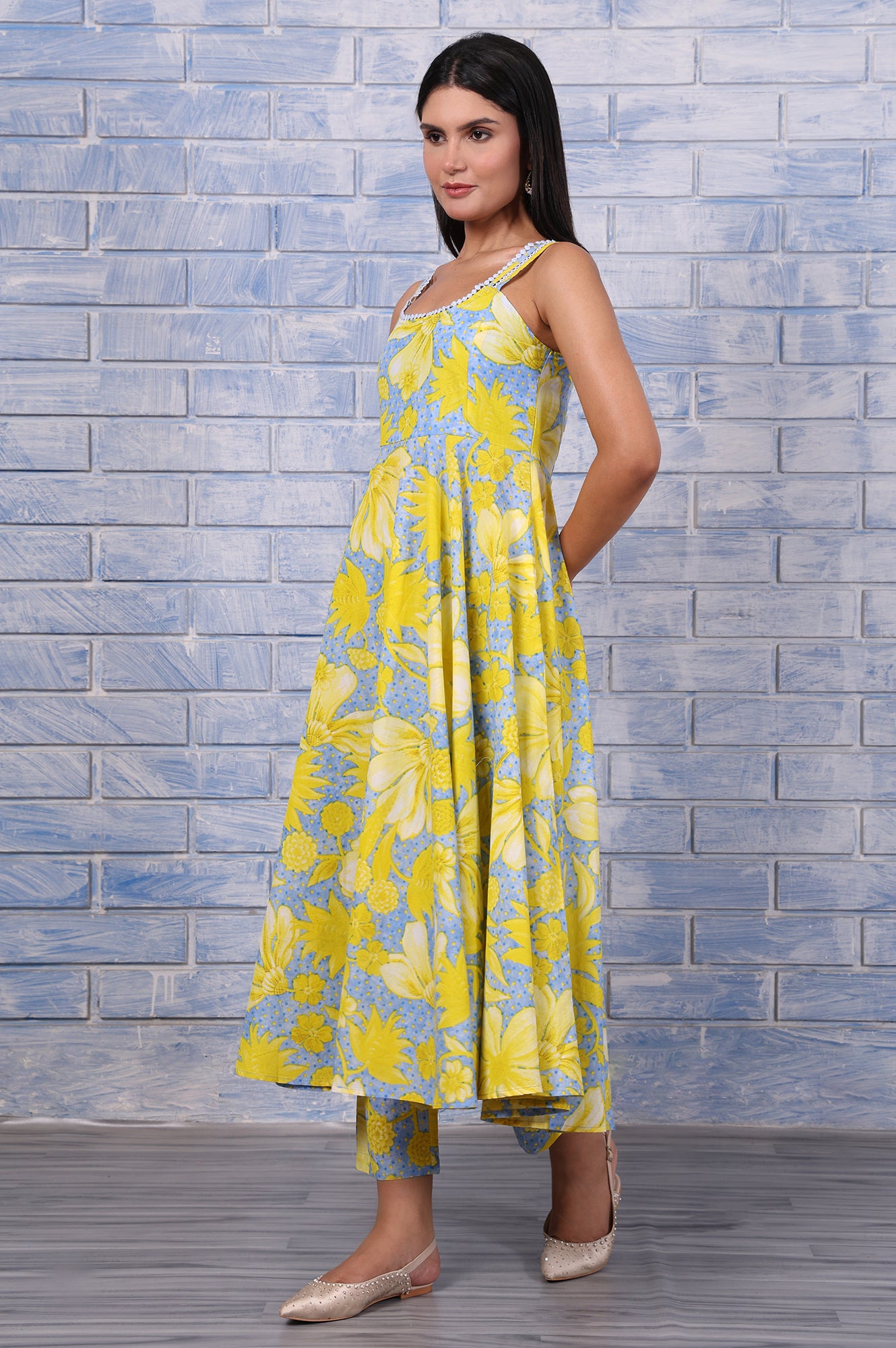 Blue Floral Printed Lace Pure Cotton Flared Kurta, Straight Pant And Dupatta Set