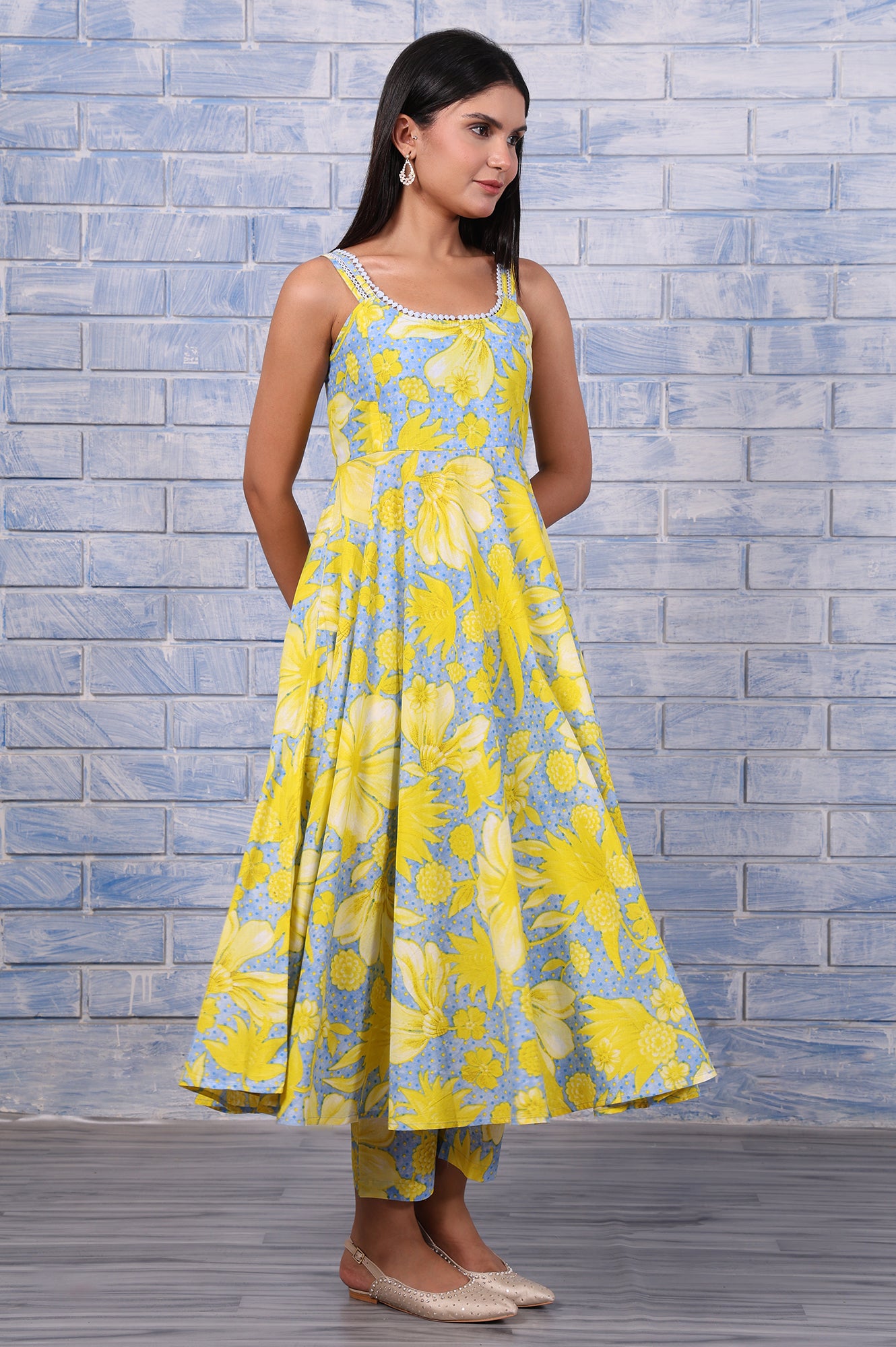Blue Floral Printed Lace Pure Cotton Flared Kurta, Straight Pant And Dupatta Set