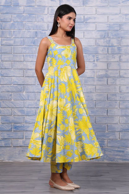 Blue Floral Printed Lace Pure Cotton Flared Kurta, Straight Pant And Dupatta Set