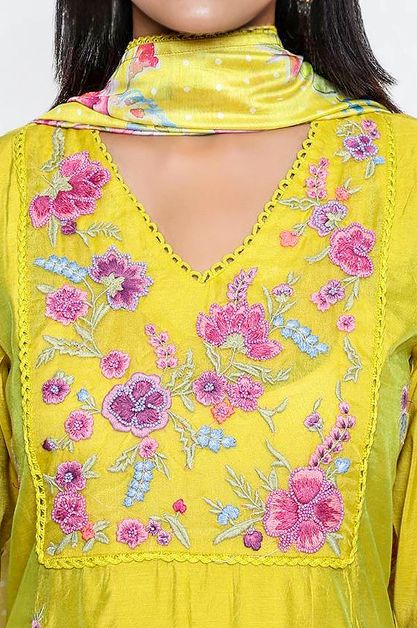 Yellow Floral Print Embroidered Flared Chanderi Kurta with Straight Pant and Dupatta Set