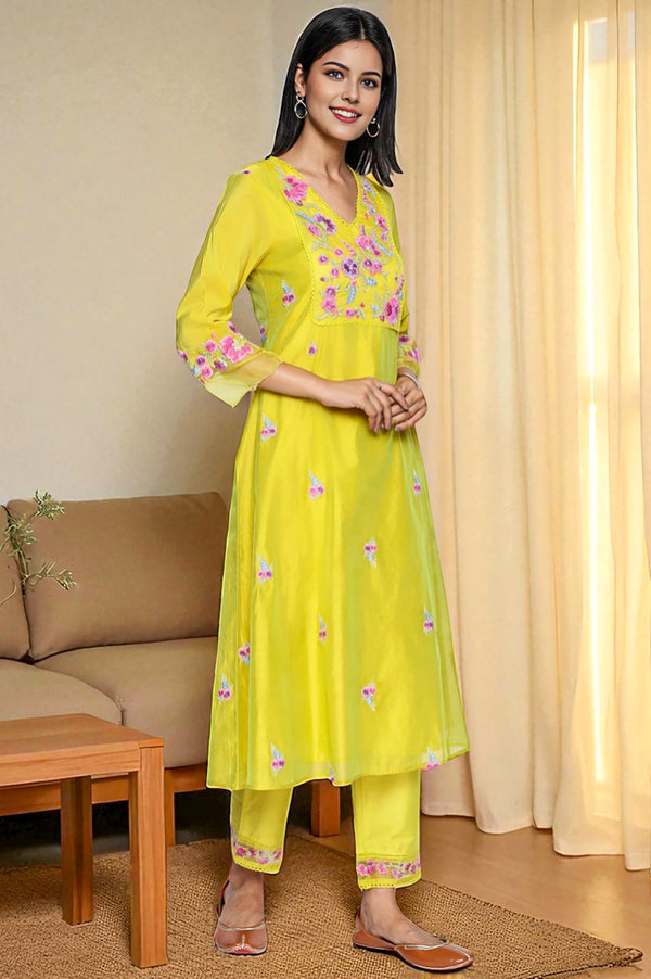 Yellow Floral Print Embroidered Flared Chanderi Kurta with Straight Pant and Dupatta Set