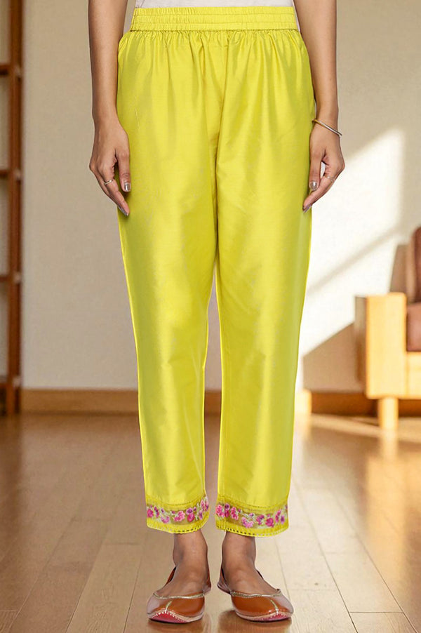 Yellow Floral Print Embroidered Flared Chanderi Kurta with Straight Pant and Dupatta Set