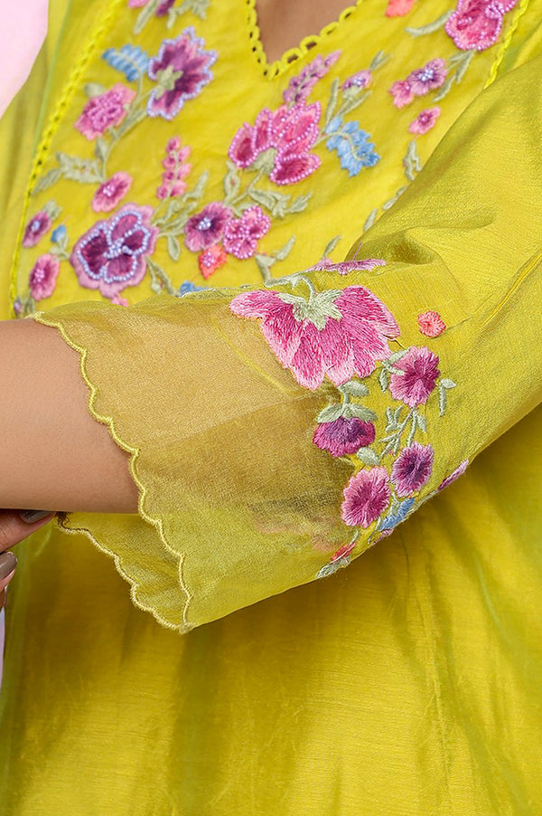 Yellow Floral Print Embroidered Flared Chanderi Kurta with Straight Pant and Dupatta Set
