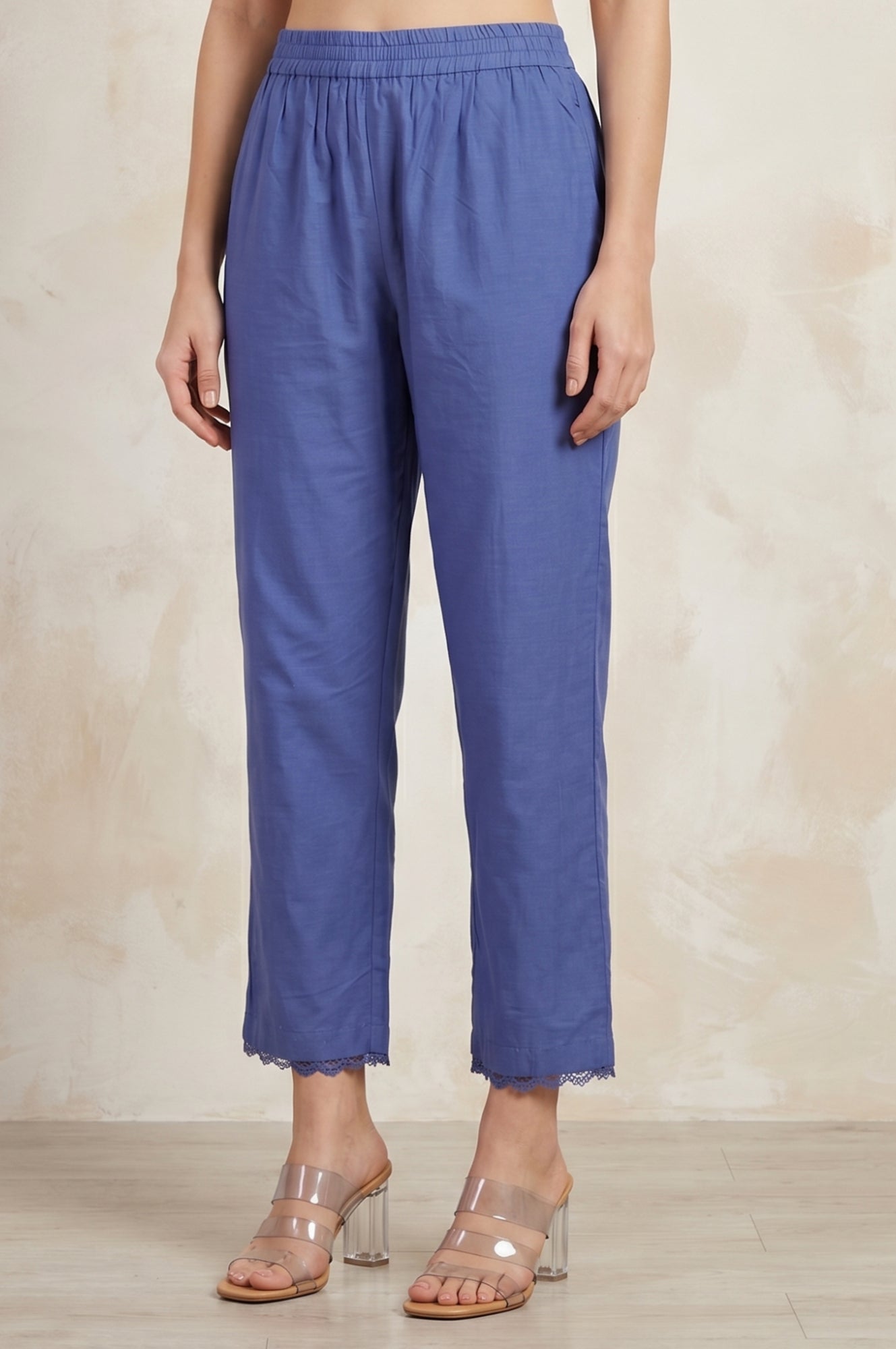 Blue Solid Lace Straight Fit Ankle Length Pants