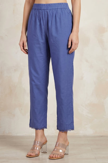 Blue Solid Lace Straight Fit Ankle Length Pants