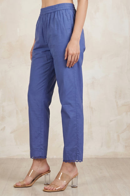 Blue Solid Lace Straight Fit Ankle Length Pants