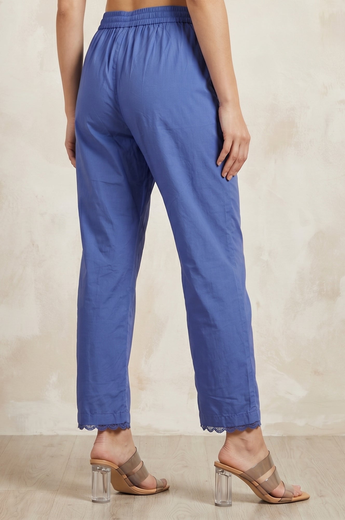 Blue Solid Lace Straight Fit Ankle Length Pants
