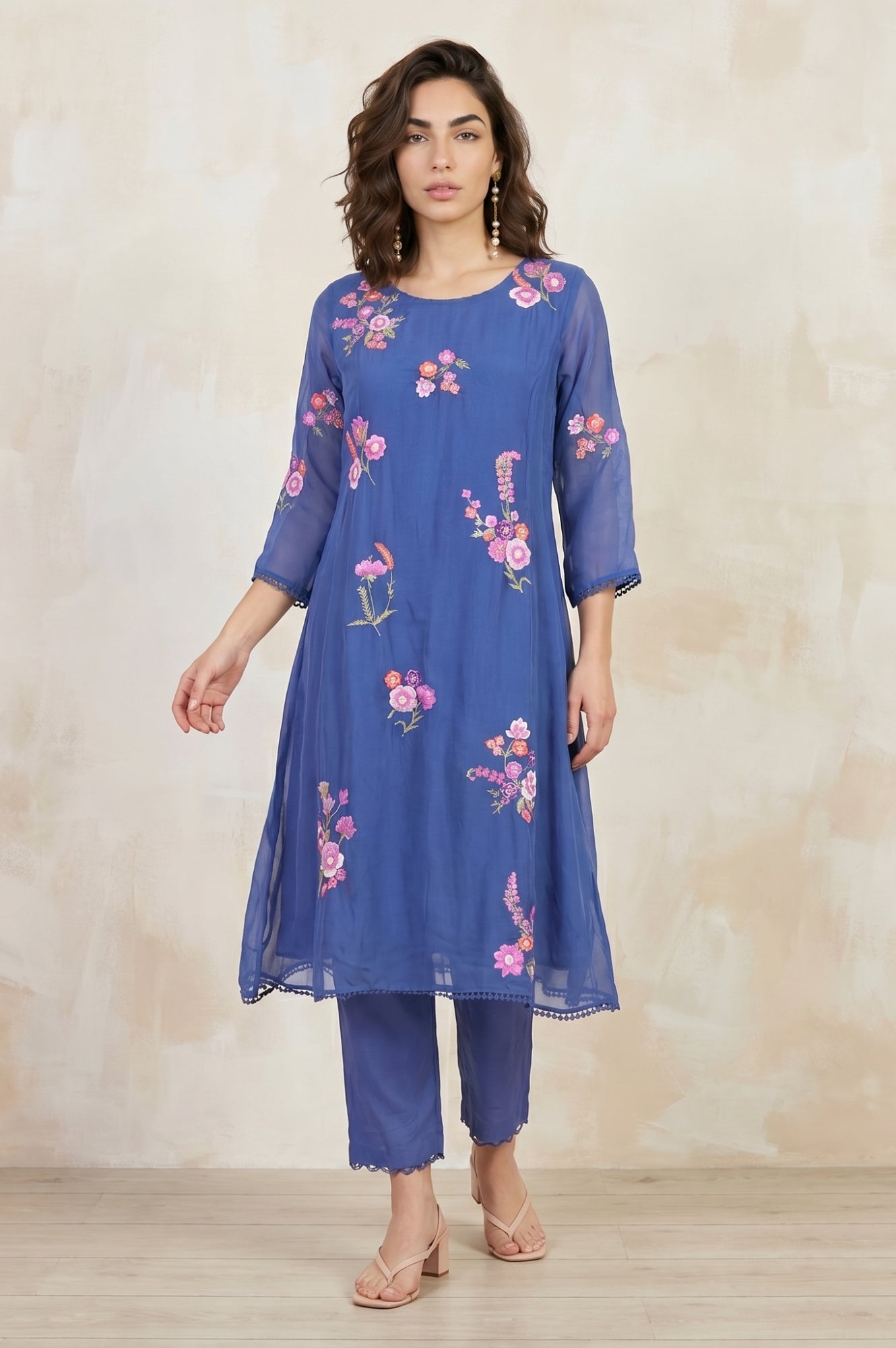Blue Embroidered Organza Flared Kurta