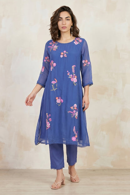 Blue Embroidered Organza Flared Kurta