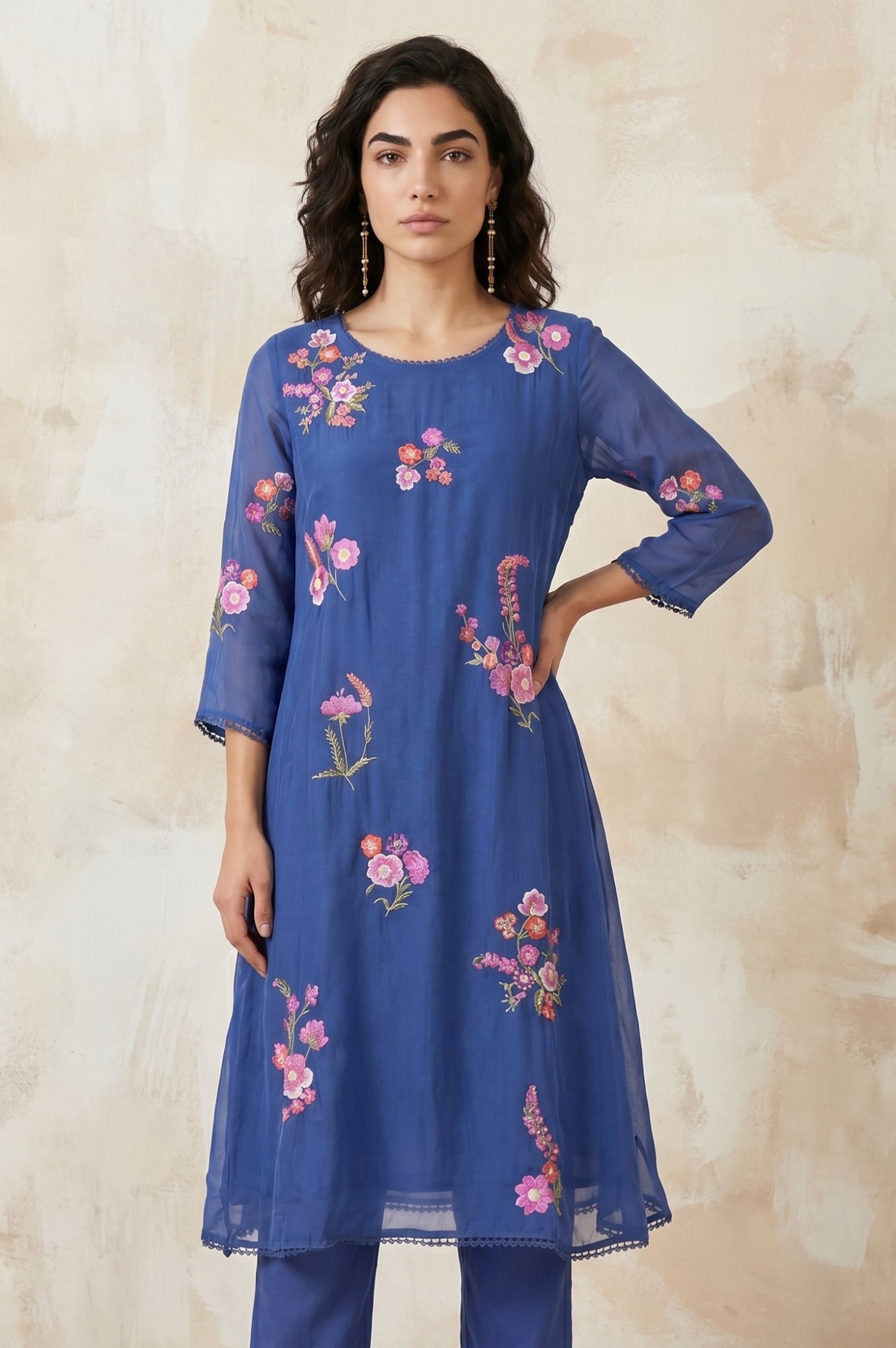 Blue Embroidered Organza Flared Kurta
