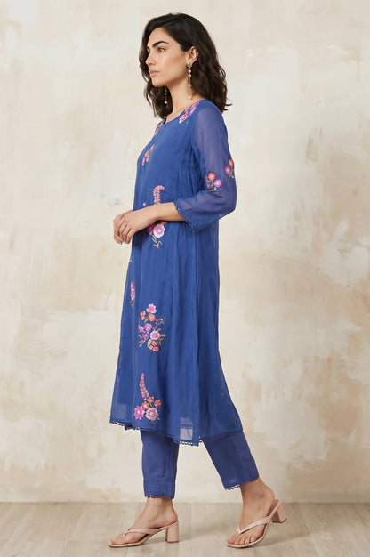Blue Embroidered Organza Flared Kurta