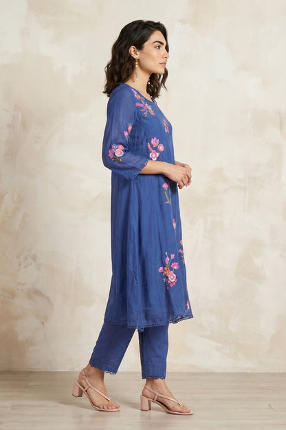 Blue Embroidered Organza Flared Kurta