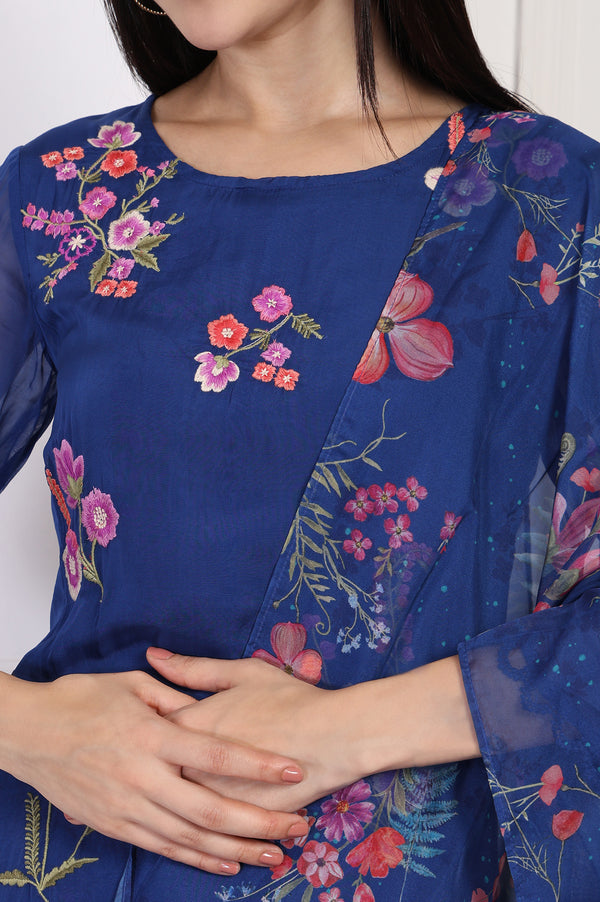 Blue Embroidered A-Line Organza Kurta with Straight Pant and Dupatta Set