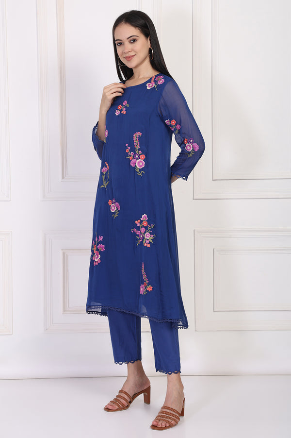 Blue Embroidered A-Line Organza Kurta with Straight Pant and Dupatta Set