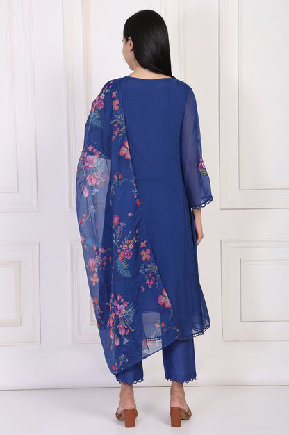 Blue Embroidered A-Line Organza Kurta with Straight Pant and Dupatta Set
