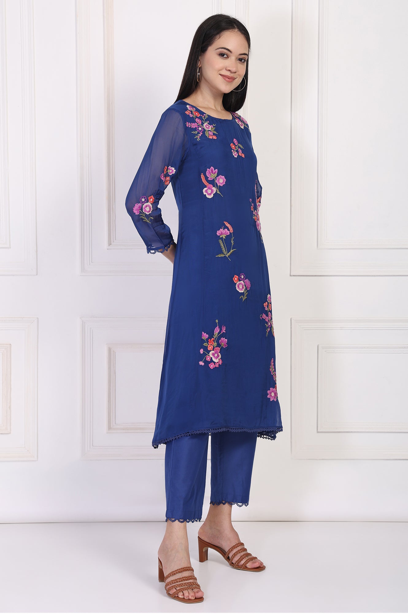 Blue Embroidered A-Line Organza Kurta with Straight Pant and Dupatta Set