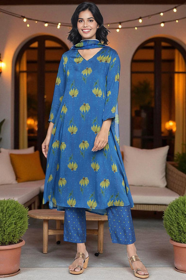 Tropical Blue Printed Crepe Flared Kurta, Straight Pant and Dupatta Set