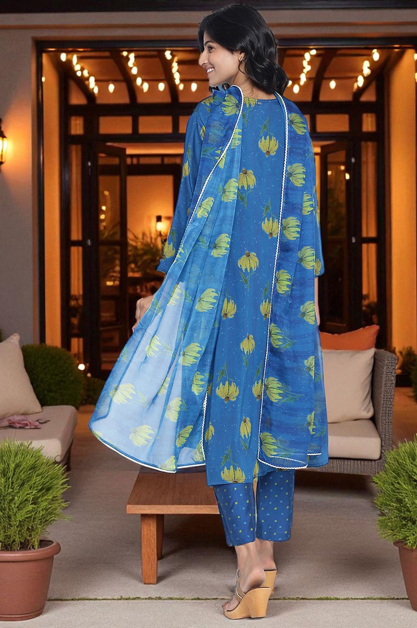 Tropical Blue Printed Crepe Flared Kurta, Straight Pant and Dupatta Set