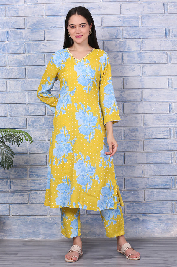 Yellow Floral Printed Lace Straight Kurta and Pants Co-ord Set