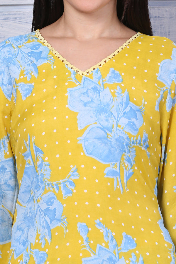 Yellow Floral Printed Lace Straight Kurta and Pants Co-ord Set
