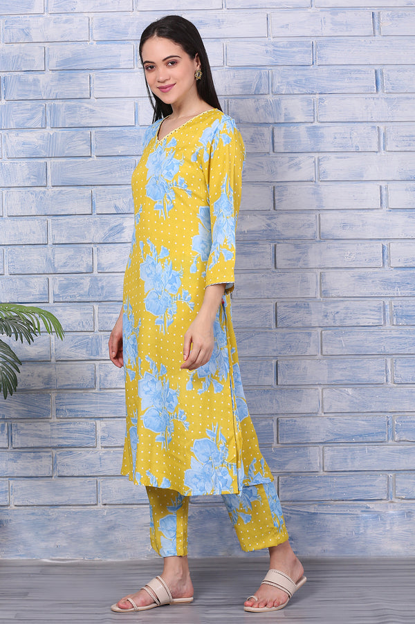 Yellow Floral Printed Lace Straight Kurta and Pants Co-ord Set