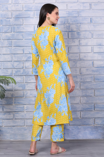 Yellow Floral Printed Lace Straight Kurta and Pants Co-ord Set