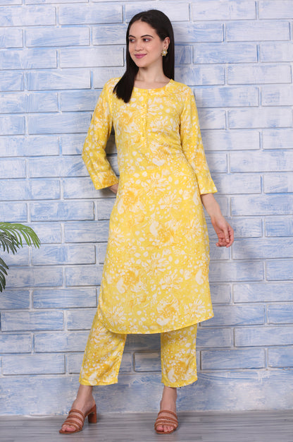 Yellow Floral Printed Lace Straight Kurta and Pants Co-ord Set