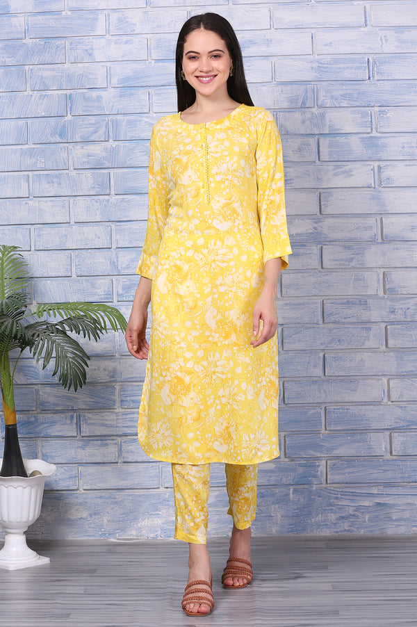 Yellow Floral Printed Lace Straight Kurta and Pants Co-ord Set