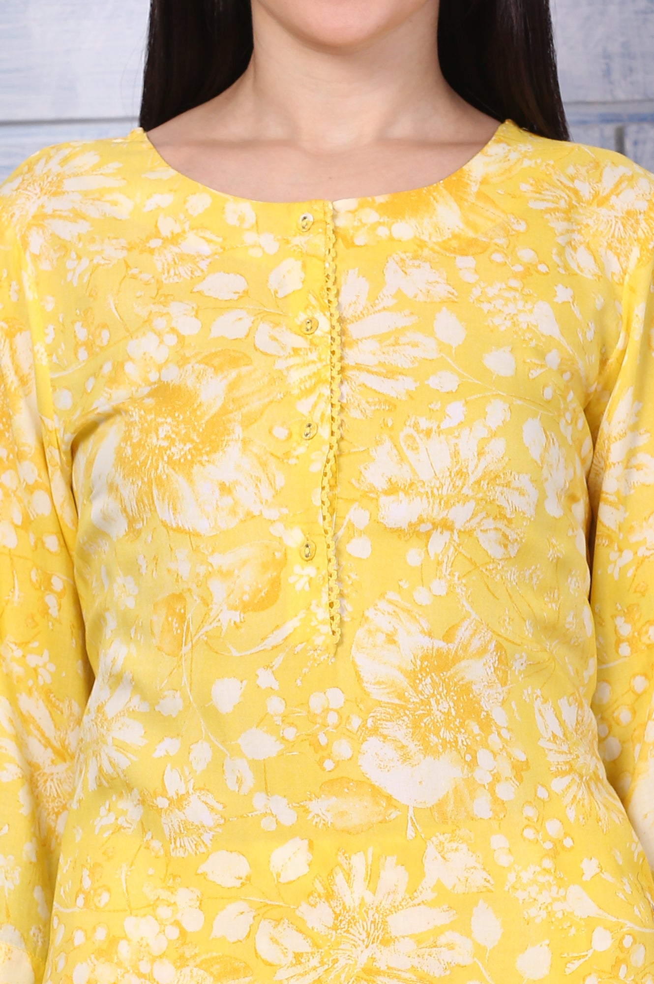 Yellow Floral Printed Lace Straight Kurta and Pants Co-ord Set