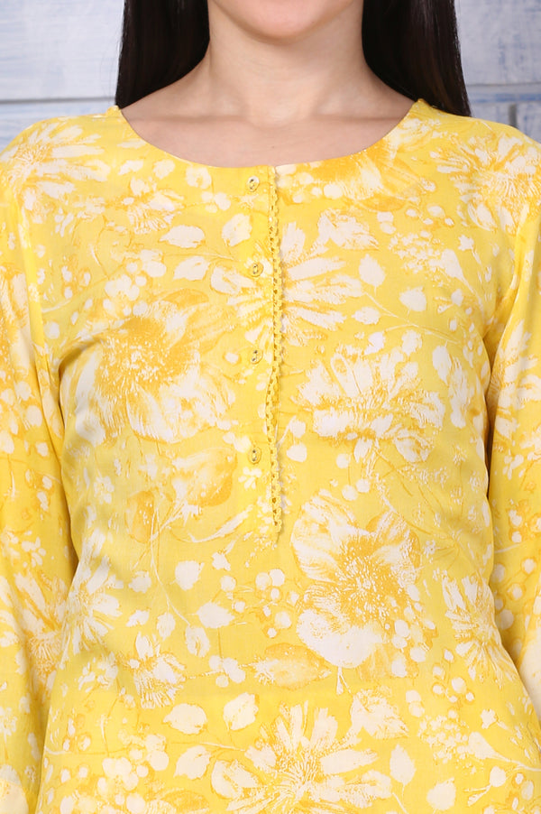 Yellow Floral Printed Lace Straight Kurta and Pants Co-ord Set