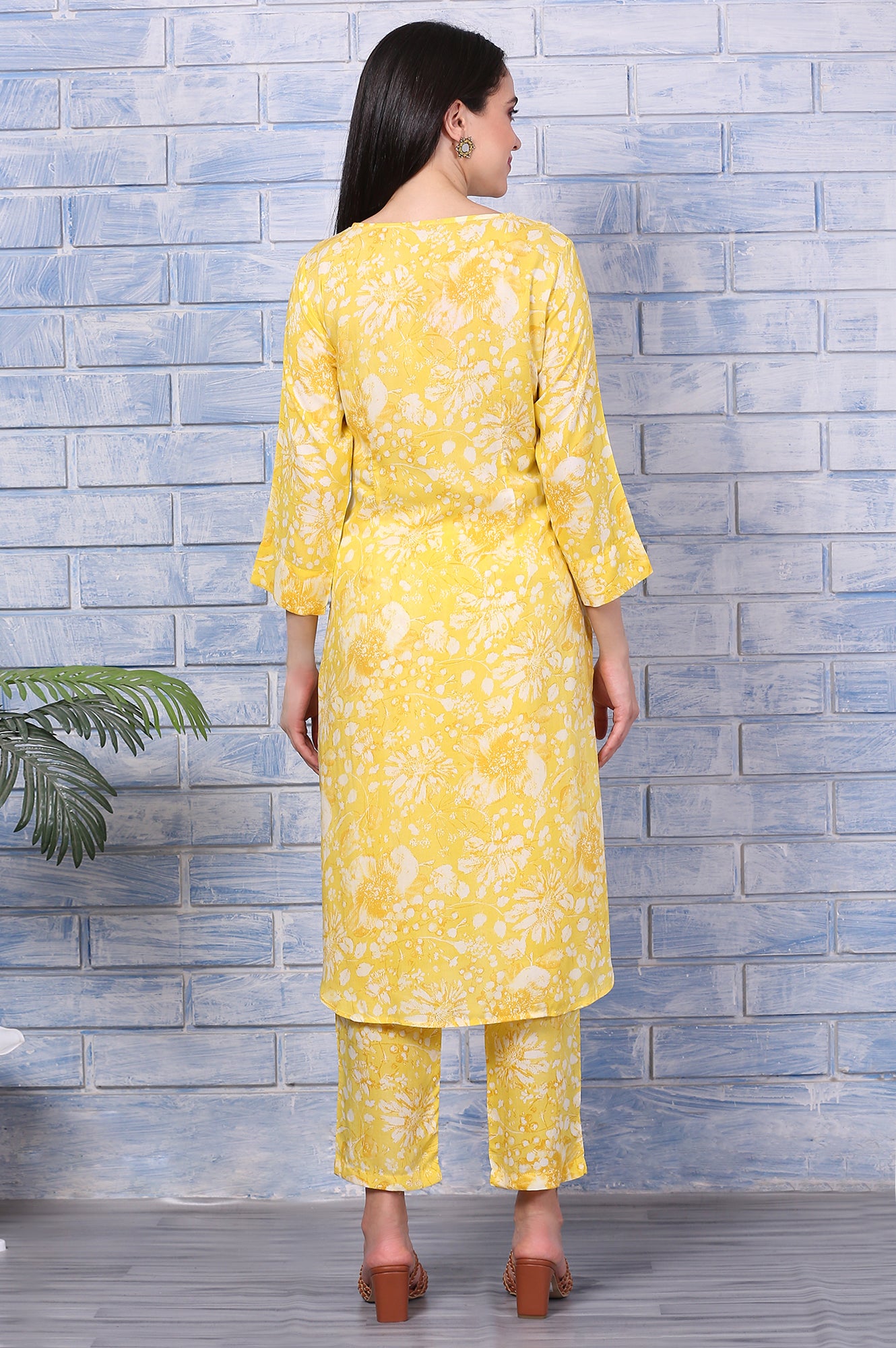 Yellow Floral Printed Lace Straight Kurta and Pants Co-ord Set