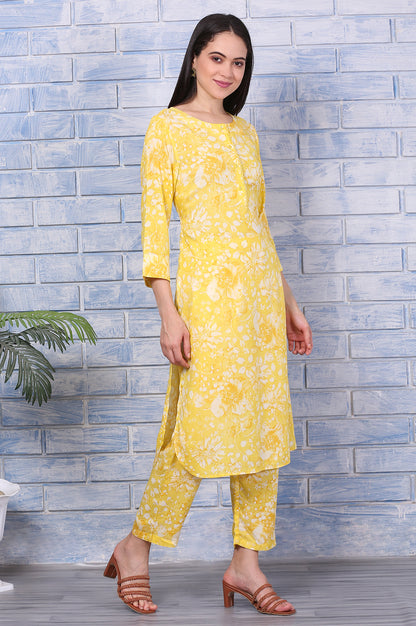 Yellow Floral Printed Lace Straight Kurta and Pants Co-ord Set