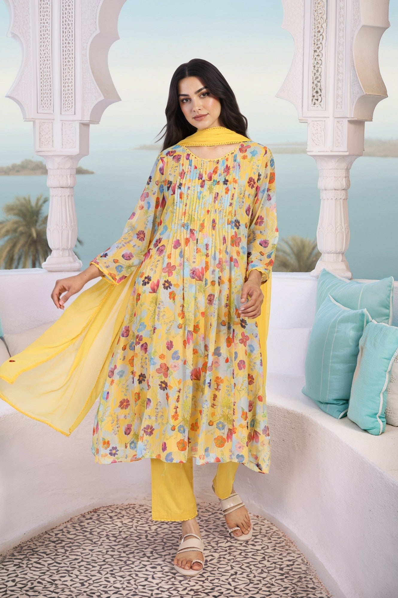 Yellow Floral Print Lace Trim Flared Chiffon Kurta with Pant and Dupatta Set